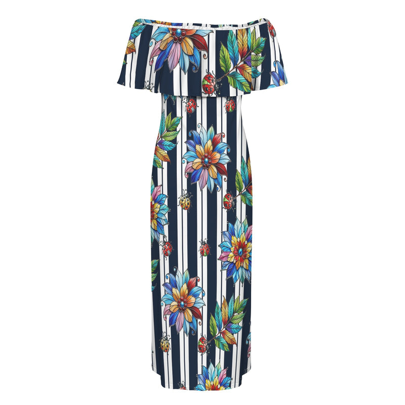 stained glass garden print 2A Women's Off Shoulder Ruffle Boat Neck Dress (Model D71)