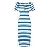 swimsuit striped print 2 Women's Off Shoulder Ruffle Boat Neck Dress (Model D71)