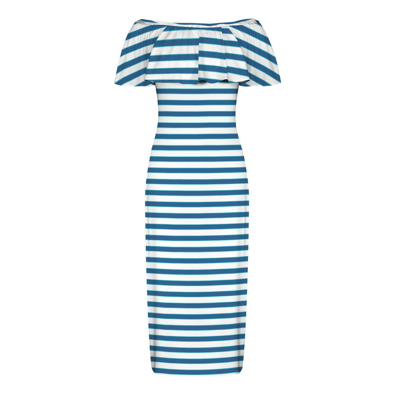 swimsuit striped print 2 Women's Off Shoulder Ruffle Boat Neck Dress (Model D71)