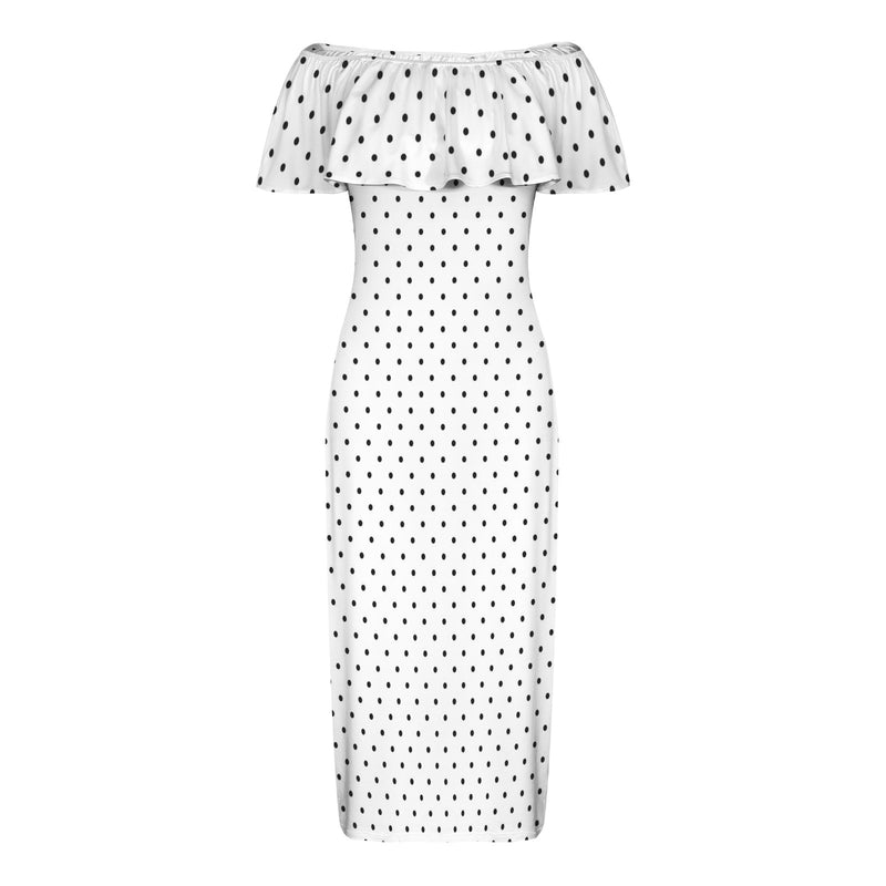 blk wht polka dot print small print Women's Off Shoulder Ruffle Boat Neck Dress (Model D71)