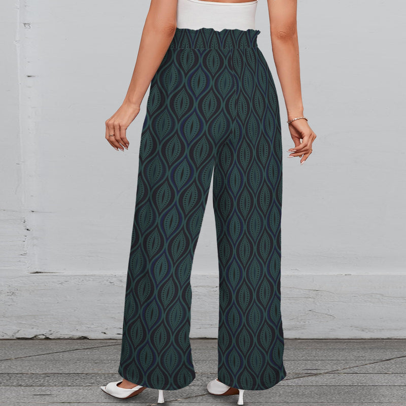 ogee mono green print Strappy Elastic Waist Wide Leg Pants with Pockets
