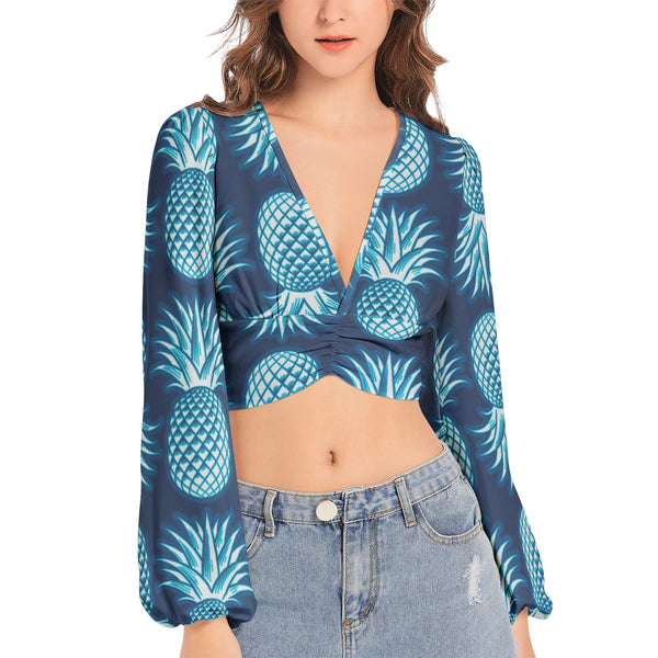 Women's Deep V-Neck Lantern Sleeve Crop Top