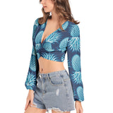 Women's Deep V-Neck Lantern Sleeve Crop Top