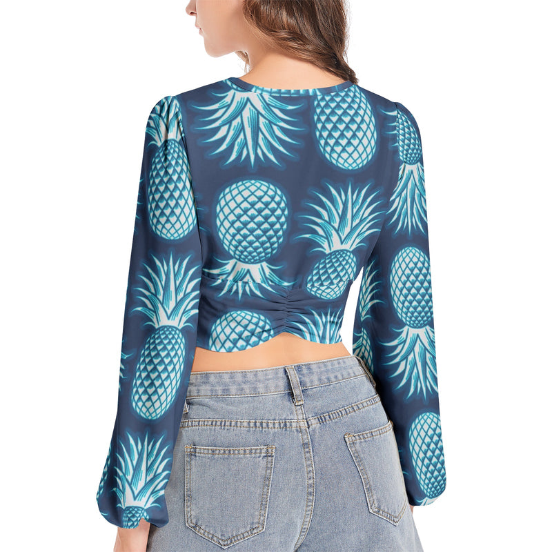 Women's Deep V-Neck Lantern Sleeve Crop Top