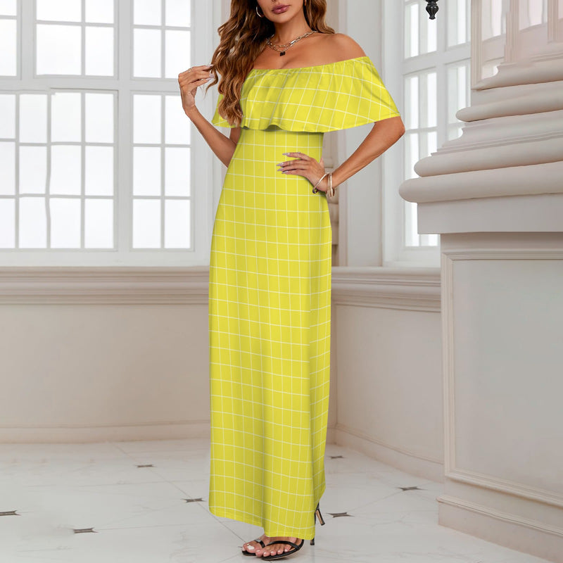 yellow matrix print Women's Off Shoulder Ruffle Boat Neck Dress (Model D71)