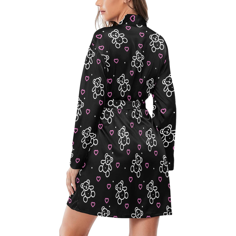 teddy bear and pink hearts print 2A Women's Long Sleeve Belted Night Robe