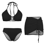 It Comes In Black Drawstring Halterneck Three-Piece Swimsuit Skirt