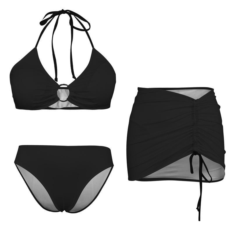 It Comes In Black Drawstring Halterneck Three-Piece Swimsuit Skirt