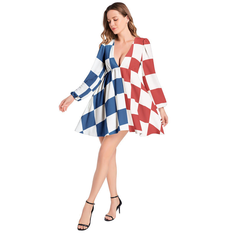 Lantern Sleeve Deep V-Neck Short Dress