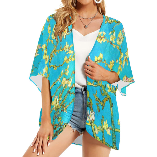 2 small blue almond art Women's Kimono Chiffon Cover Ups (Model H51)