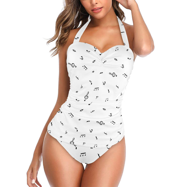 note white black print Women's Halter Neck Gather Chest Swimsuit (Model S52)