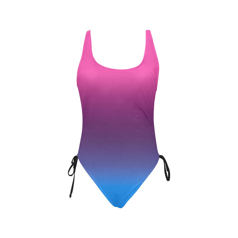 pink blue gradient print 4 Drawstring Side One-Piece Swimsuit (Model S14)