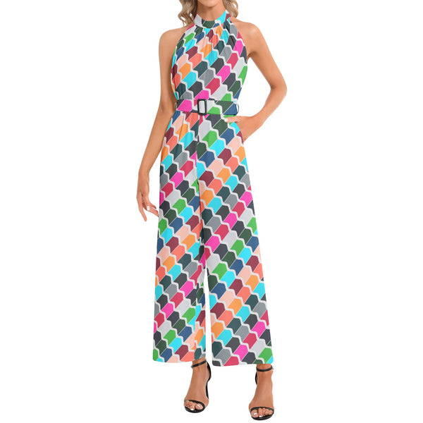 Halter Neck Buckle Belted Jumpsuit