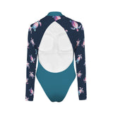 aqua green print 2A Backless Long Sleeve One-Piece Swimsuit (Model S60)