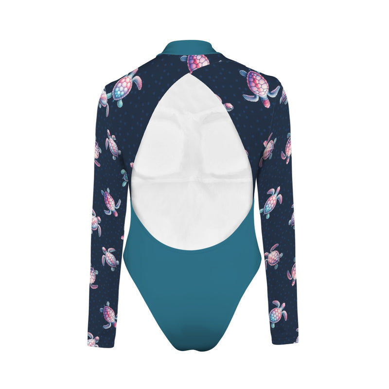 aqua green print 2A Backless Long Sleeve One-Piece Swimsuit (Model S60)