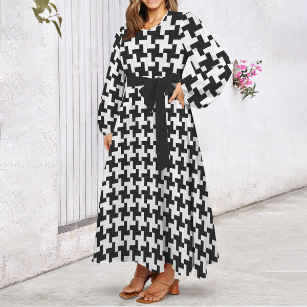 Houndstooth Round Neck Long Sleeve Belted Maxi Dress