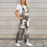 sepia print kemp m Sleeveless Straps Pocket Wide Leg Jumpsuit