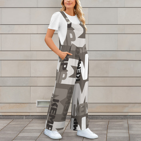 sepia print kemp m Sleeveless Straps Pocket Wide Leg Jumpsuit