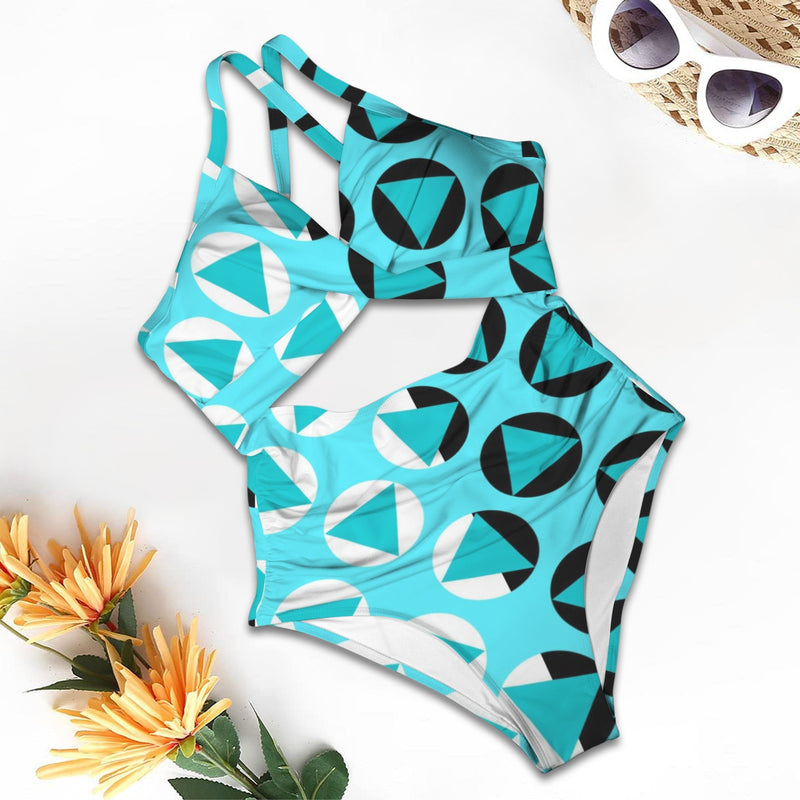 polka dot trig 6 print Women's Twist Front Tie Back Swimsuit (Model S57)