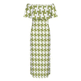 Houndstooth Women's Off Shoulder Ruffle Boat Neck Dress