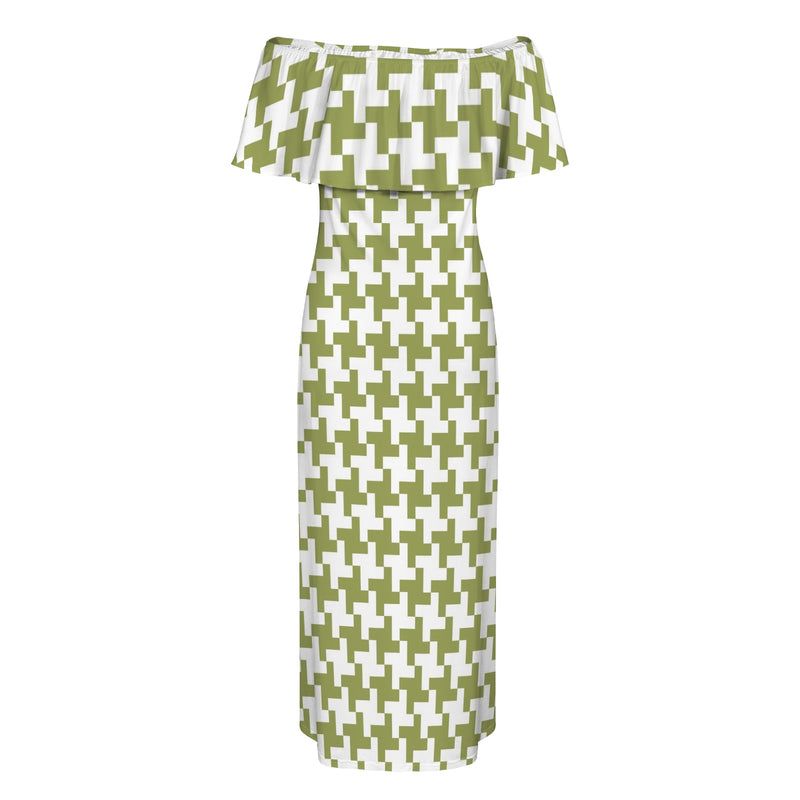 Houndstooth Women's Off Shoulder Ruffle Boat Neck Dress