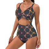 colored rings print 4B Women's Twist Front Tie Back Swimsuit (Model S57)