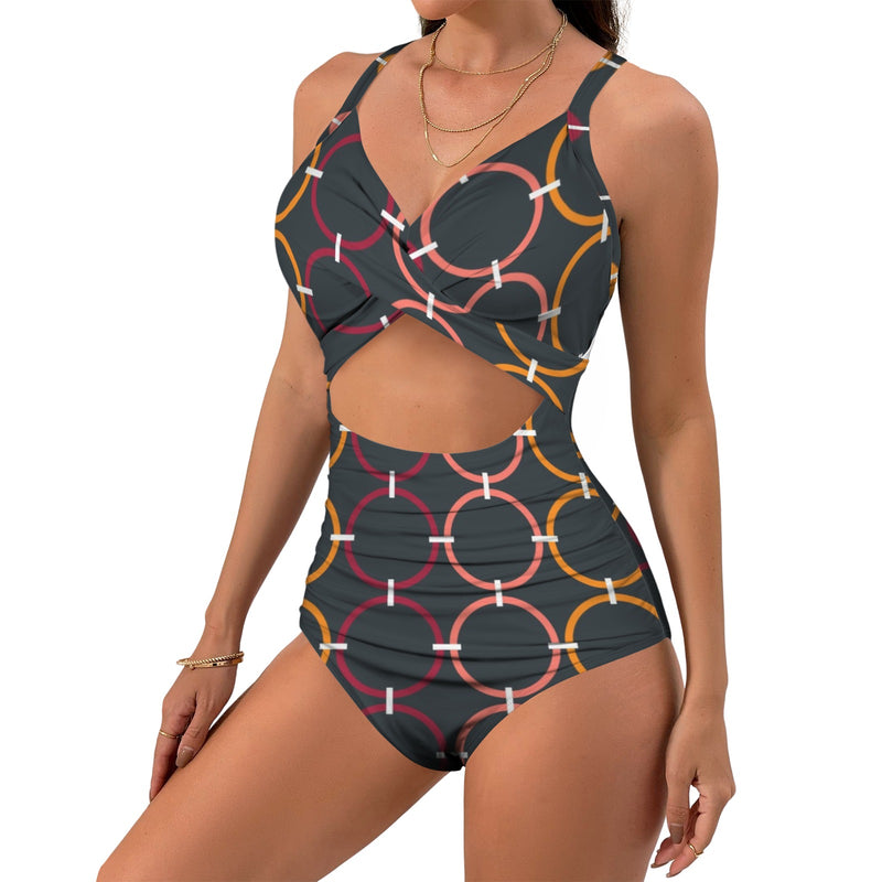 colored rings print 4B Women's Twist Front Tie Back Swimsuit (Model S57)
