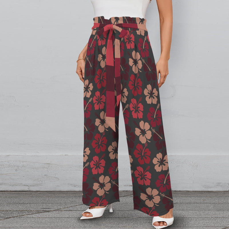 striped hibiscus print 3C Strappy Elastic Waist Wide Leg Pants with Pockets