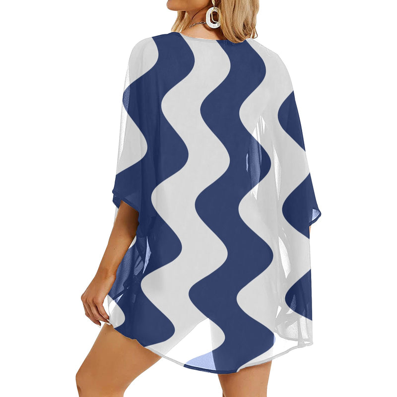 waves blue white print 2A Women's Kimono Chiffon Cover Ups (Model H51)
