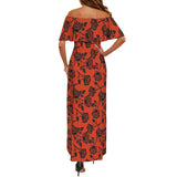 bevel black rose on rust print Women's Off Shoulder Ruffle Boat Neck Dress (Model D71)