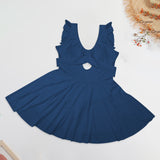 floral blue belt Women's Ruffle Sleeve Skirted Swimsuit (Model S59)