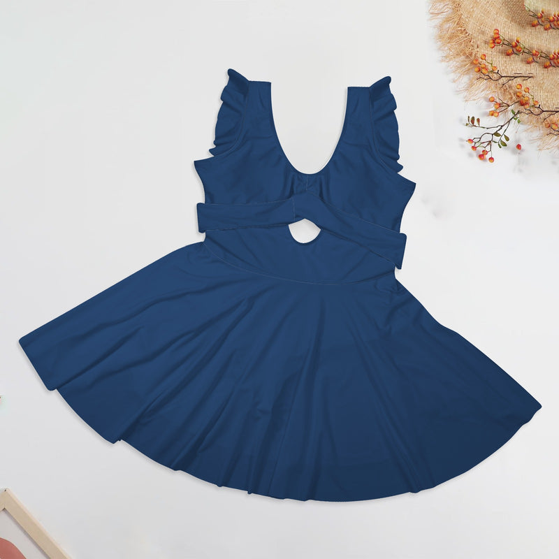 floral blue belt Women's Ruffle Sleeve Skirted Swimsuit (Model S59)