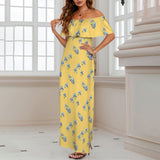 light gold iris print Women's Off Shoulder Ruffle Boat Neck Dress (Model D71)