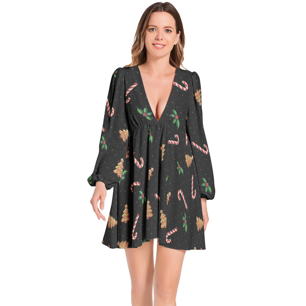 Lantern Sleeve Deep V-Neck Short Dress