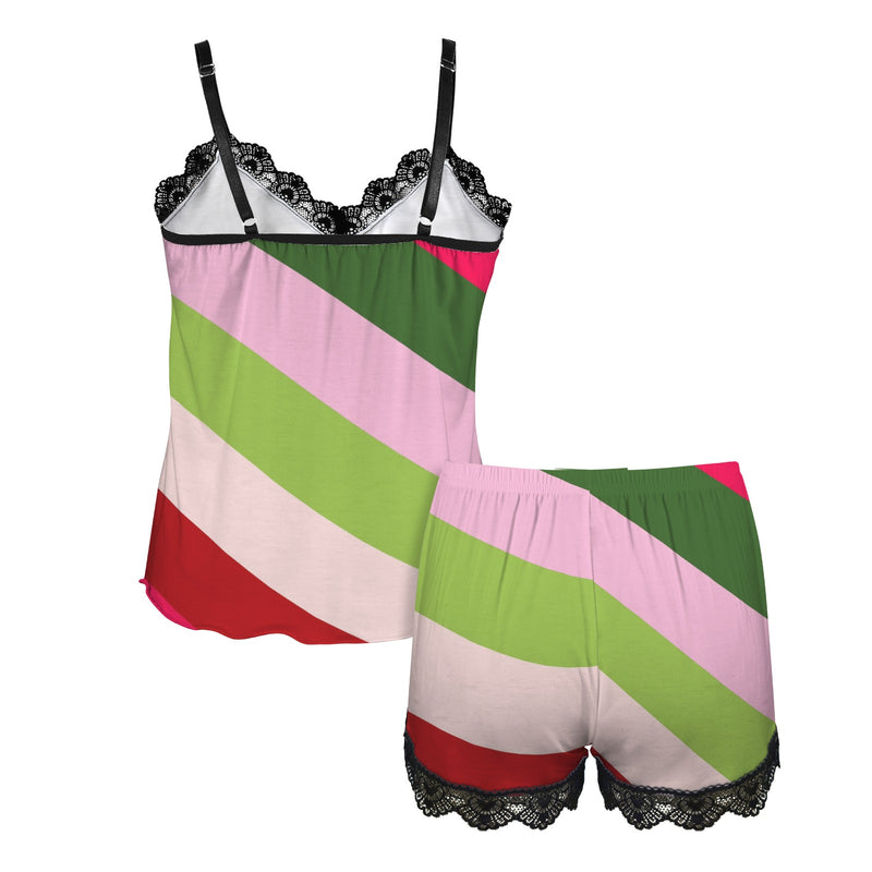 rasp biased striped print Women's Lace Camisole Pajama Set