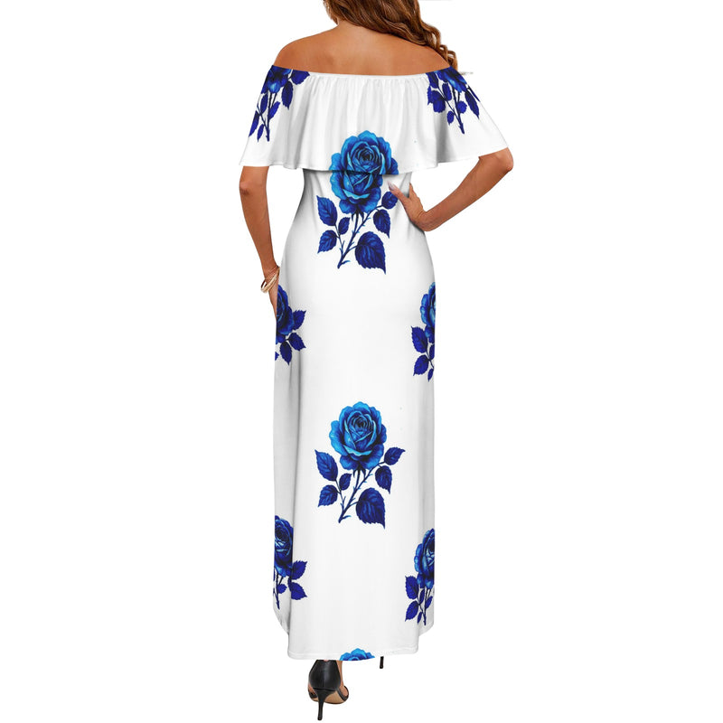 delft blue old fashion rose Women's Off Shoulder Ruffle Boat Neck Dress (Model D71) S