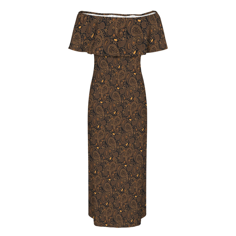 Paisley Off Shoulder Ruffle Boat Neck Dress