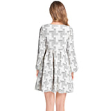 Houndstooth Lantern Sleeve Deep V-Neck Short Dress