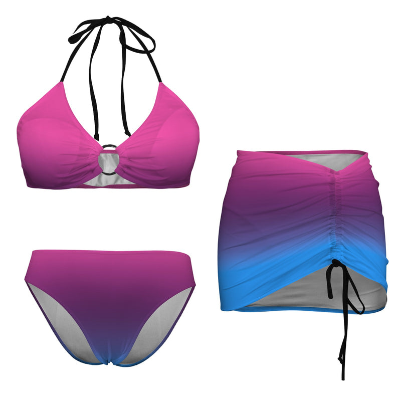 pink blue gradient print 4 Drawstring Halterneck Three-Piece Swimsuit Skirt