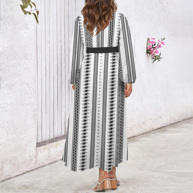 Tribal Round Neck Long Sleeve Belted Maxi Dress