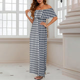 two tone rose stained glass print 3 Women's Off Shoulder Ruffle Boat Neck Dress (Model D71)