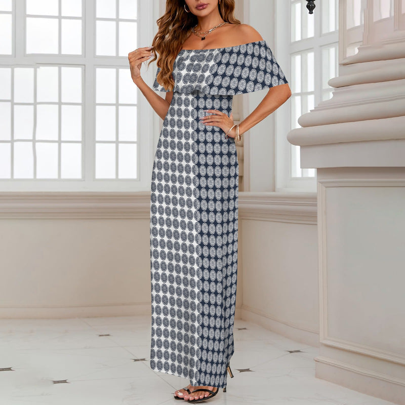 two tone rose stained glass print 3 Women's Off Shoulder Ruffle Boat Neck Dress (Model D71)