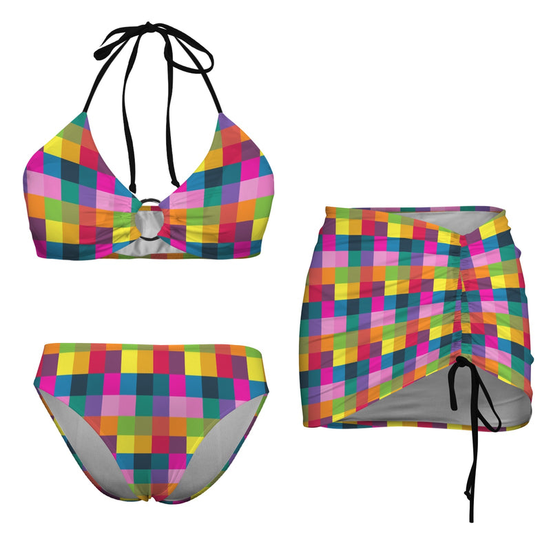 color matrix varied print Drawstring Halterneck Three-Piece Swimsuit Skirt