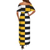 black solid print skirt Women's Off Shoulder Ruffle Boat Neck Dress (Model D71)