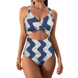 wavy delft blue monarch butterfly print Women's Twist Front Tie Back Swimsuit (Model S57)