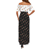 cherry white print 4A-Recovered Women's Off Shoulder Ruffle Boat Neck Dress (Model D71)
