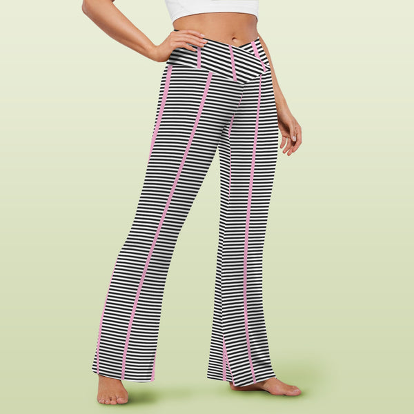 striped pink and black print High Waist Crossover Tummy Control Flare Leggings