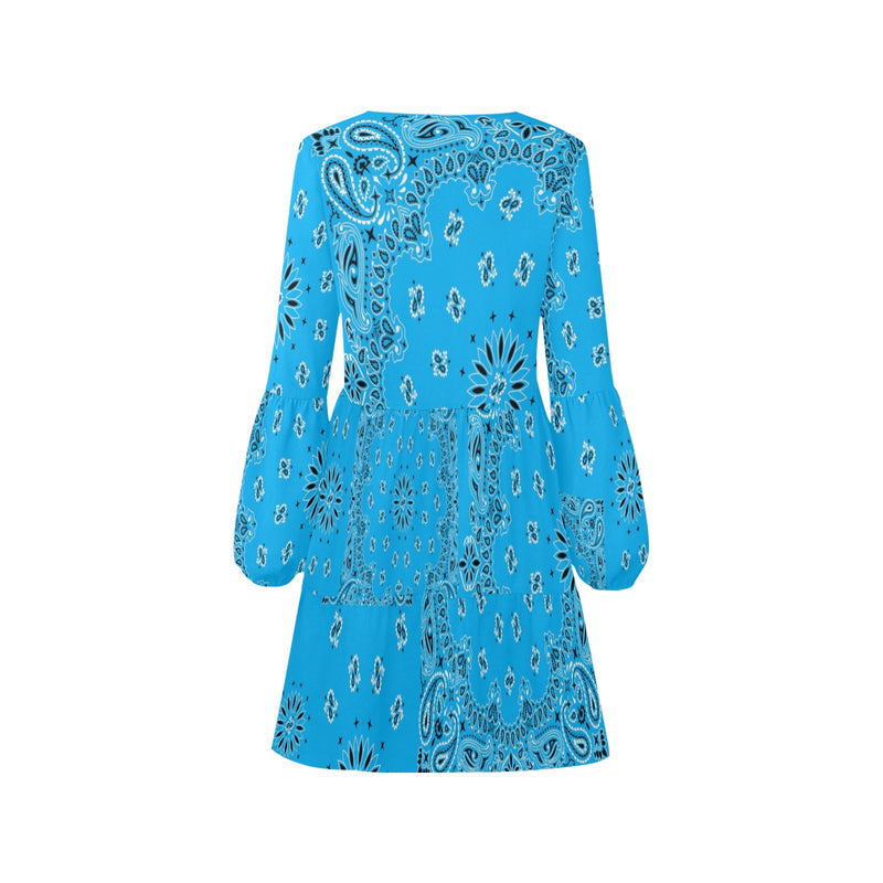 lt blue bandana print 2A V-Neck Loose Fit Dress (Model D62)