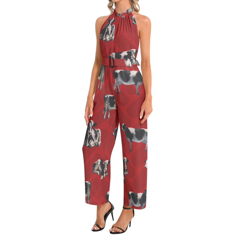 Halter Neck Buckle Belted Jumpsuit