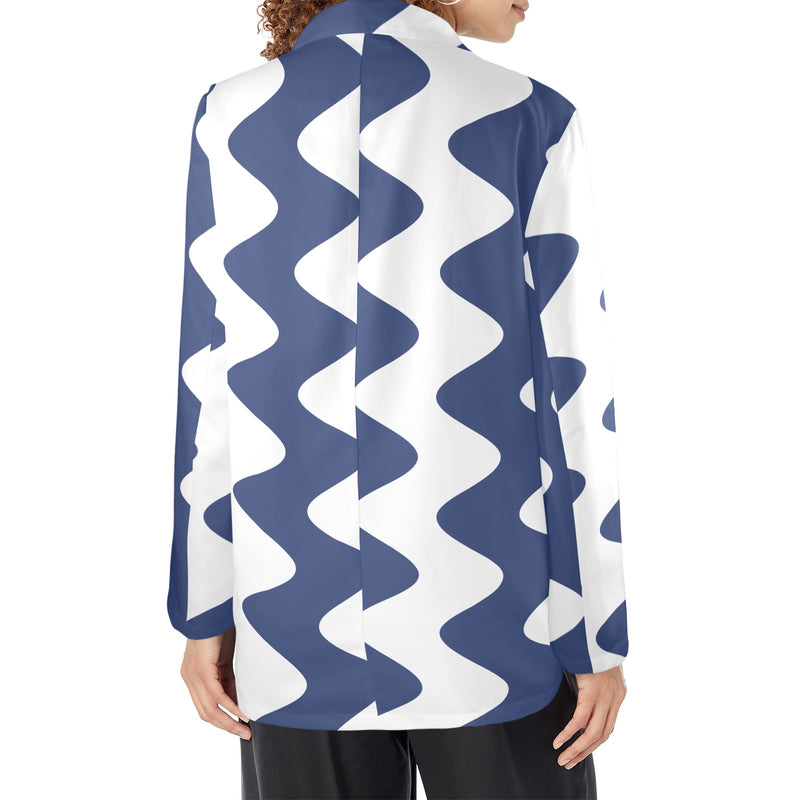 waves blue white print 2A Women's All Over Print Blazer (Model H64)